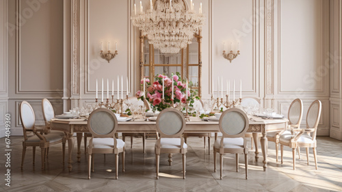 an elegant formal dining room with light beige walls and a polished marble floor and a large crystal chandelier