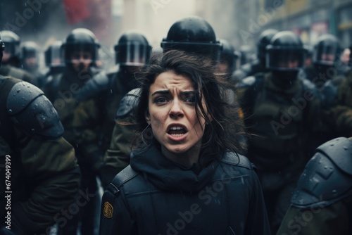 A woman with her mouth open stands in front of a group of police officers. This image can be used to depict a confrontation or a protest scene.