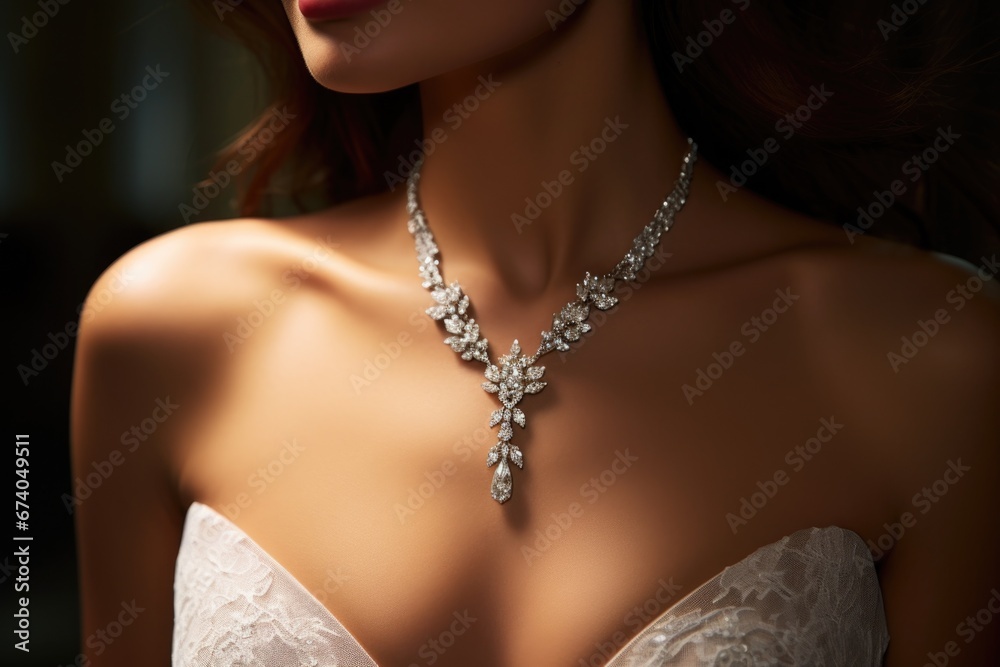 A beautiful woman wearing a wedding dress and a stunning diamond necklace. This image can be used to depict elegance, luxury, and bridal fashion.