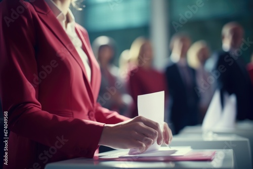 A woman dressed in a red suit inserting a piece of paper into a voting box. This image can be used to represent participation in elections or democratic processes.