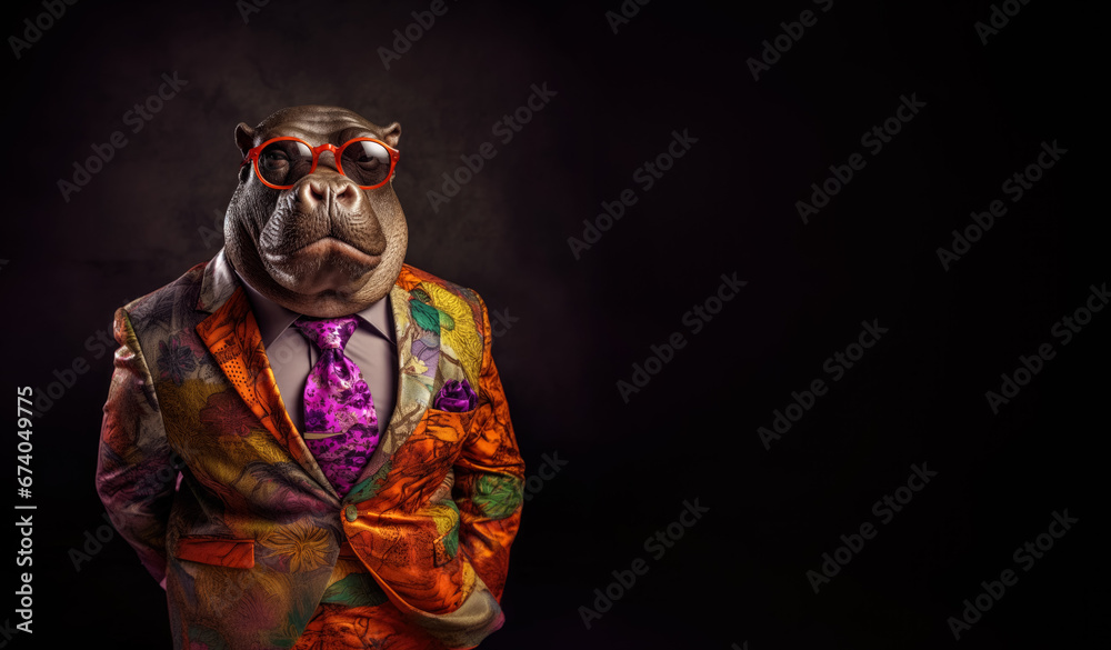 Cool looking hippo or hippopotamus wearing funky fashion dress - jacket, tie, glasses. Wide banner with space for text at side. Stylish animal posing as supermodel. Generative AI Cool looking hippo or hippopotamus wearing funky fashion dress - jacket, tie, glasses. Wide banner with space for text at side. Stylish animal posing as supermodel. Generative AI