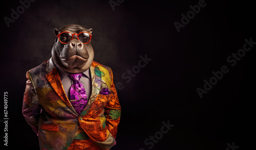 Cool looking hippo or hippopotamus wearing funky fashion dress - jacket, tie, glasses. Wide banner with space for text at side. Stylish animal posing as supermodel. Generative AI