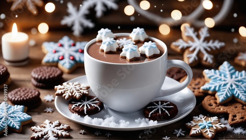 A cozy, winter-themed image of a steaming mug of hot chocolate, adorned with fluffy marshmallows and a candy cane, surrounded by glistening snowflakes and a festive holiday wreath.