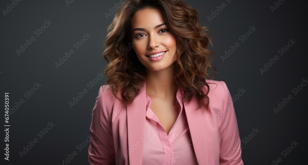 woman in pink blazer sitting in front of pink background.
