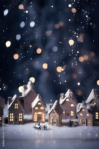 Chrismas decorations on a white snow. Cute little figures, stars, houses, trees. Whimsical shrismas atmosphere