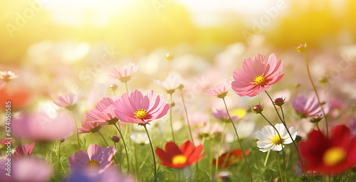 Flower field in sunlight, spring or summer garden background in closeup macro. Flowers meadow field,