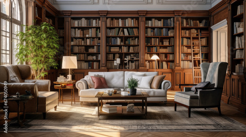 an elegant home library with a wooden floor and tall bookcases and a comfortable reading chair