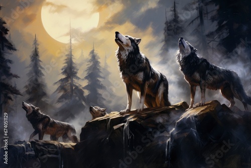The watercolor rendering of a wolf pack in the forest, illuminated by a full moon, exudes wild serenity.