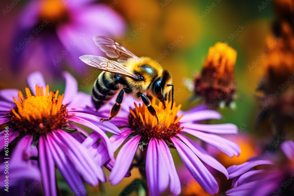 Honey bee collecting nectar and pollen from a colorful wildflower on a meadow on a sunny day morning Honey bee collecting nectar and pollen from a colorful wildflower on a meadow on a sunny day morning