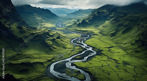 aerial view of river in iceland, in the style of futurist claims