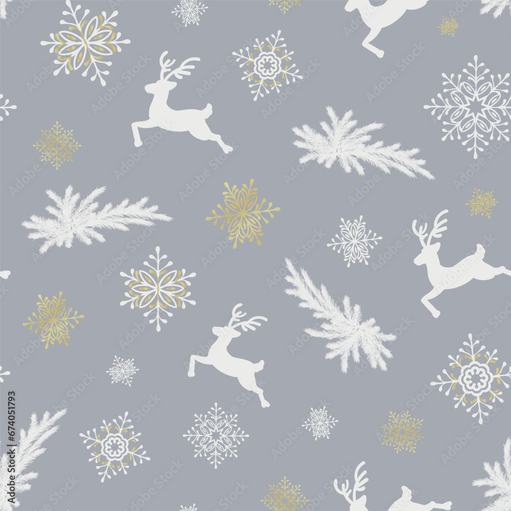 Christmas seamless pattern, white outlines of Christmas deer, snowflakes on purple background. Vector illustration