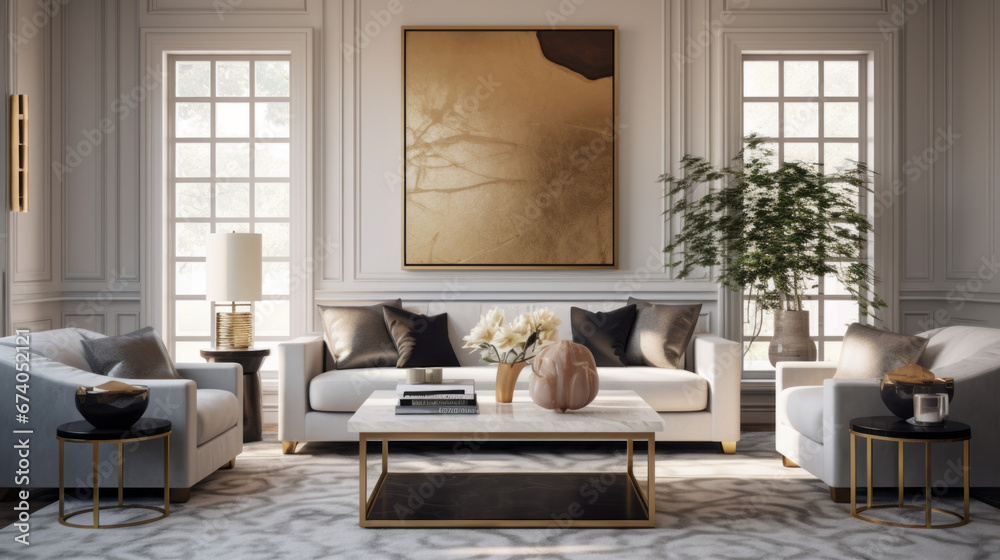An elegant living room features a velvet sofa and a marble-topped coffee table with gold accents  - obrazy, fototapety, plakaty 