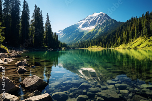Clear mountain lake surrounded by a forest in a national park. Trees reflected in the bright turquoise water