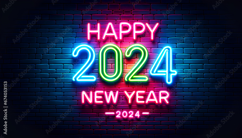 A neon sign effect for 'Happy New Year 2024.' Use bright neon colors against a dark brick wall background for contrast. Make the text glow.
