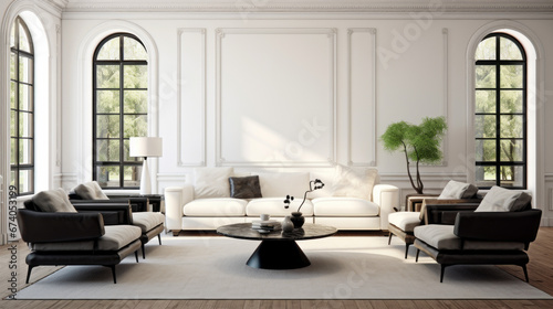 an elegant living room with white walls and dark hardwood floors A white leather sofa is in the center and two matching armchairs are arranged around it A white area rug is placed in the center © Textures & Patterns