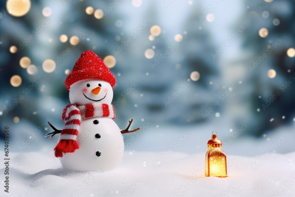 Merry Christmas and Happy New Year greeting card. Happy snowman standing in background of beautiful snowy forest