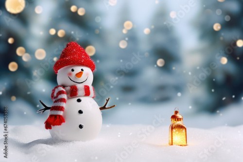 Merry Christmas and Happy New Year greeting card. Happy snowman standing in background of beautiful snowy forest © vejaa