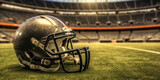 Close-up of a football helmet resting on the field of a football stadium.