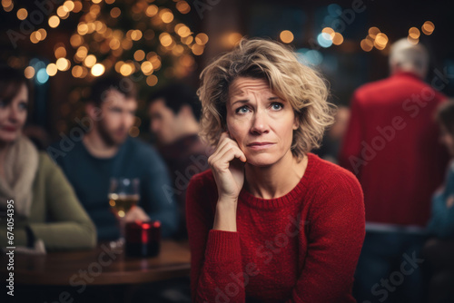 Upset middle aged woman sit alone in bar cafe party, feeling lonely or offended, sad woman got bad news, loner avoid talking to people, outsider suffer from discrimination, lacking friends or company photo