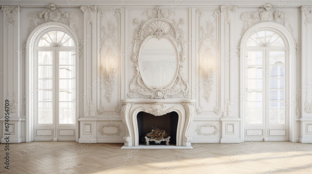 an elegant room with a marble floor and white walls and white fireplace