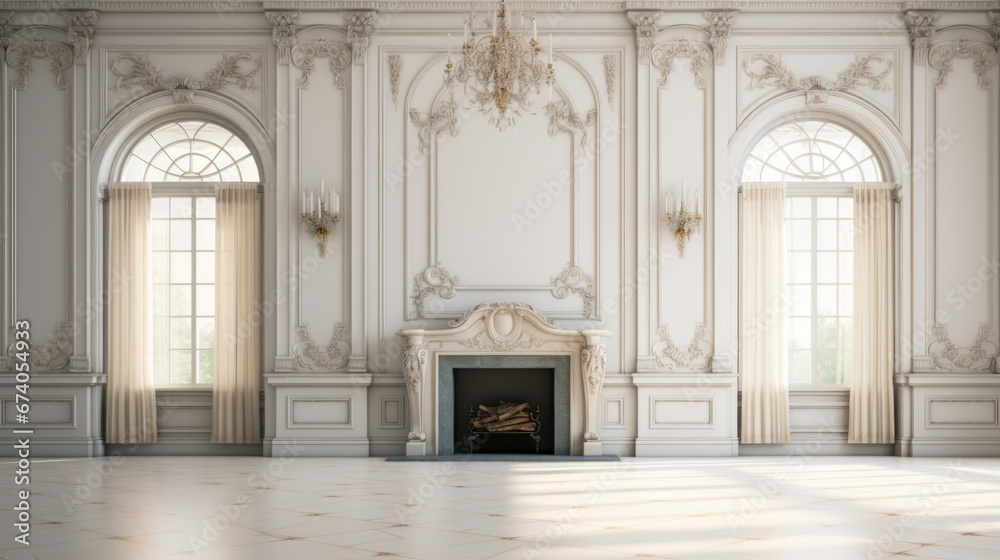 an elegant room with a marble floor and white walls and white fireplace