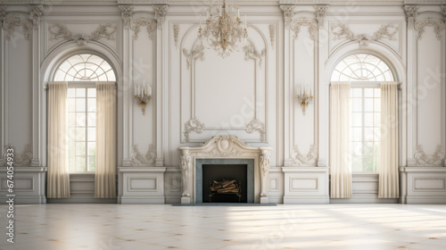 an elegant room with a marble floor and white walls and white fireplace © Textures & Patterns