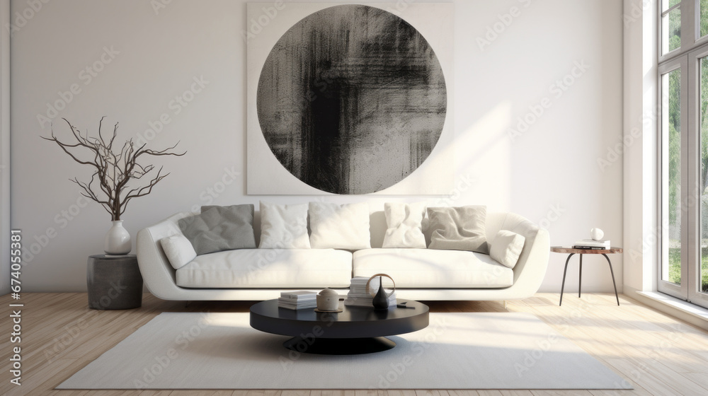 an elegantly designed room with white walls and dark wood floors A large white sofa stands in the center of the room with a round glass table in front of it A large abstract painting hangs on the wall an elegantly designed room with white walls and dark wood floors A large white sofa stands in the center of the room with a round glass table in front of it A large abstract painting hangs on the wall