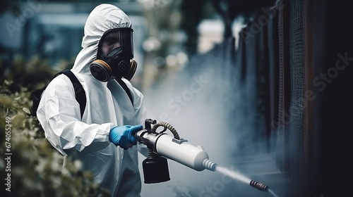 A guy from the pest control service in a mask and a white protective suit sprays poisonous gas