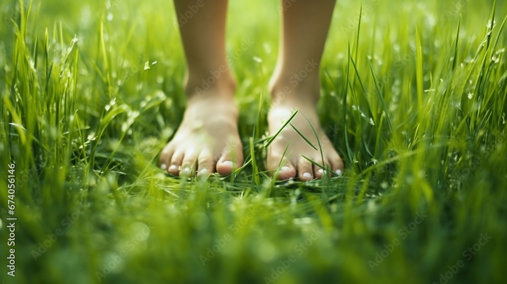 Earthing Moments: Child's Bare Feet on Lush Meadow Grass. Generative ai