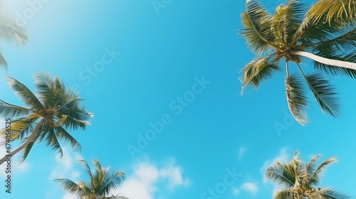 Tropical Canopy  Clear Blue Sky Viewed Through Palm Trees from Below. Generative ai