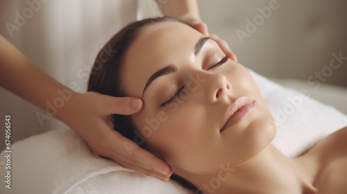 Soothing Touch: Hands Massaging Woman's Face in Bright Daytime Spa. Generative ai