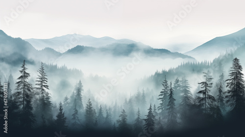 Foggy forest with mountains