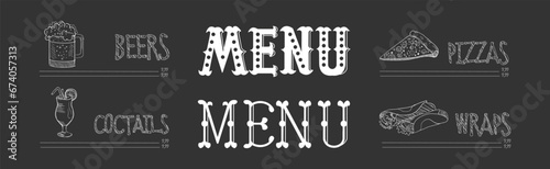 Chalk Drawn Food Item from Restaurant Menu on Black Background Vector Set
