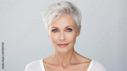 Ageless Beauty: Smiling Mature Woman's Radiant Portrait Isolated on White. Generative ai