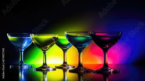 Glasses illuminated in different colors on a black background