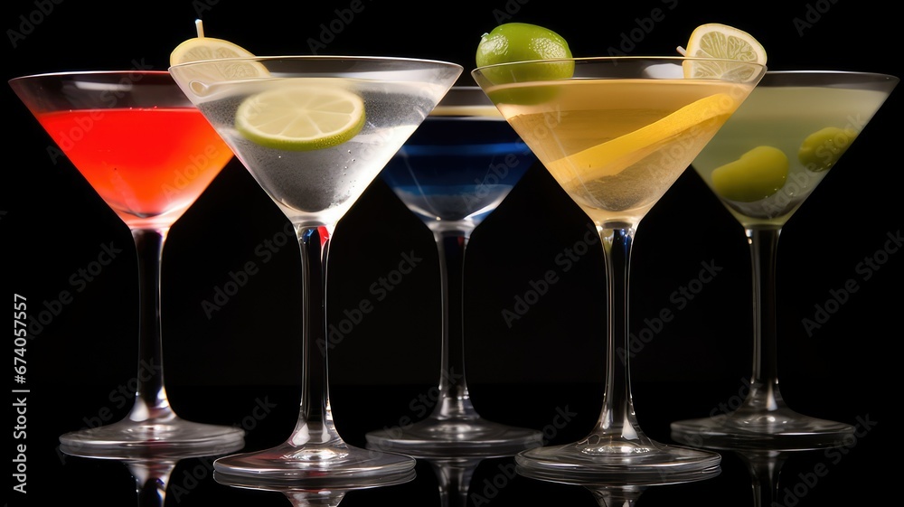 Martini glasses with different cockailles stand on black background
