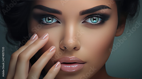 Closeup of woman with makeup, painted black long eyelashes. Creative banner for beauty salon or master of false eyelash extensions. photo