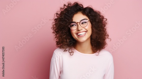 Radiant Smiles: Cheerful Lady with a Bright, Toothy Smile on Pink Background. Generative ai