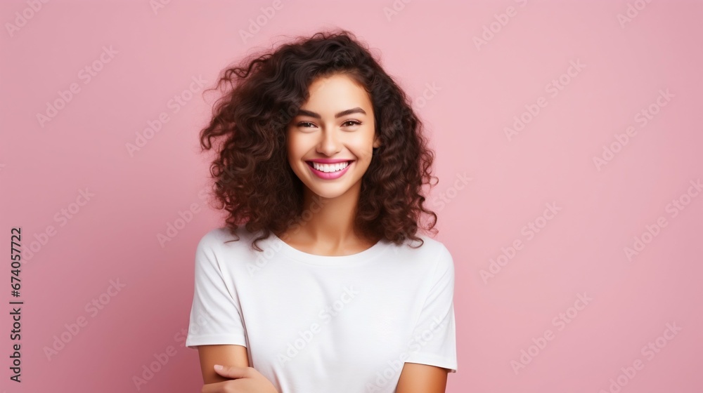 Radiant Smiles: Cheerful Lady with a Bright, Toothy Smile on Pink Background. Generative ai Radiant Smiles: Cheerful Lady with a Bright, Toothy Smile on Pink Background. Generative ai