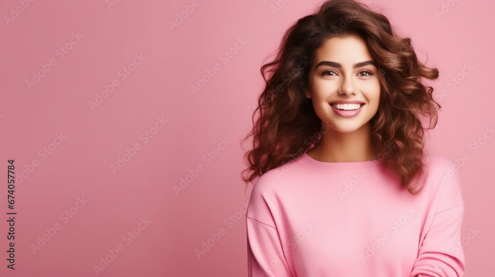 Radiant Smiles: Cheerful Lady with a Bright, Toothy Smile on Pink Background. Generative ai Radiant Smiles: Cheerful Lady with a Bright, Toothy Smile on Pink Background. Generative ai
