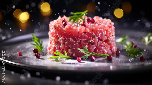 Commercial photography of raw tuna tartar with greens. Fresh tartar from the chef, elegantly decorated, close-up. Photo for restaurant menu.  photo
