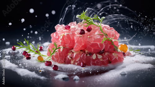 Commercial photography of raw tuna tartar with greens. Fresh tartar from the chef, elegantly decorated, close-up. Photo for restaurant menu. 