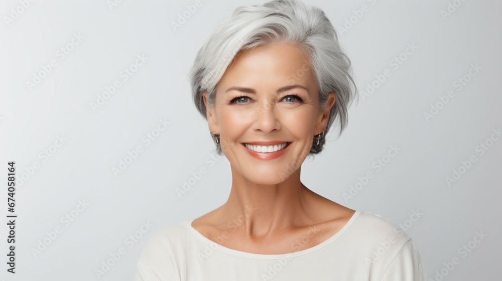 Ageless Beauty: Smiling Mature Woman's Radiant Portrait Isolated on White. Generative ai Ageless Beauty: Smiling Mature Woman's Radiant Portrait Isolated on White. Generative ai