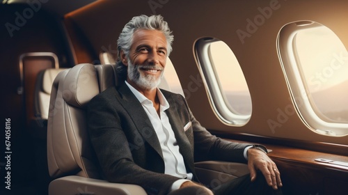 Executive Journey: Senior Businessman in First-Class Cabin Comfort. Generative ai © Scrudje