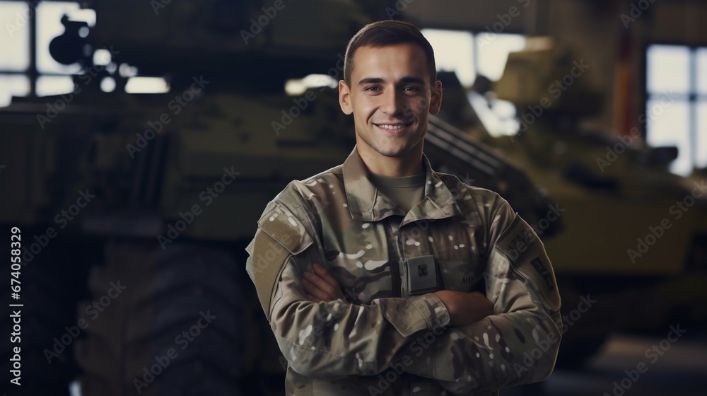 Proud Defender: Soldier with Confidence at Army Base. Generative ai