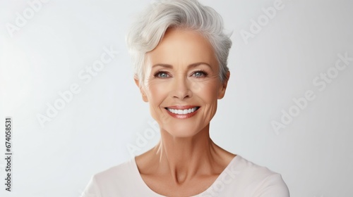 Ageless Beauty: Smiling Mature Woman's Radiant Portrait Isolated on White. Generative ai