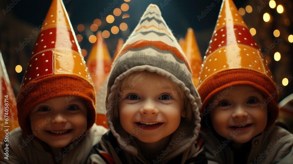 Three Friendly Children Festive Cone Caps , Bright Background, Background Hd