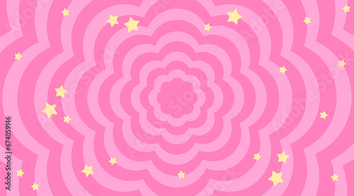Pink flowers background in trendy retro 2000s design with stars. Abstract cute pink background. Abstract retro pink background. Decoration banner themed Lol surprise doll girlish style
