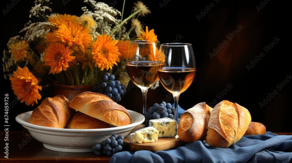 Vase Flowers Pastries Glasses Wine Gift , Bright Background, Background Hd