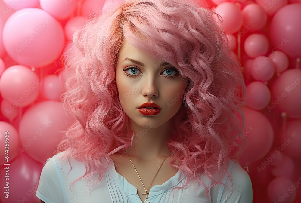 Attractive Cute Girl With Pink Hair Portrait Photo